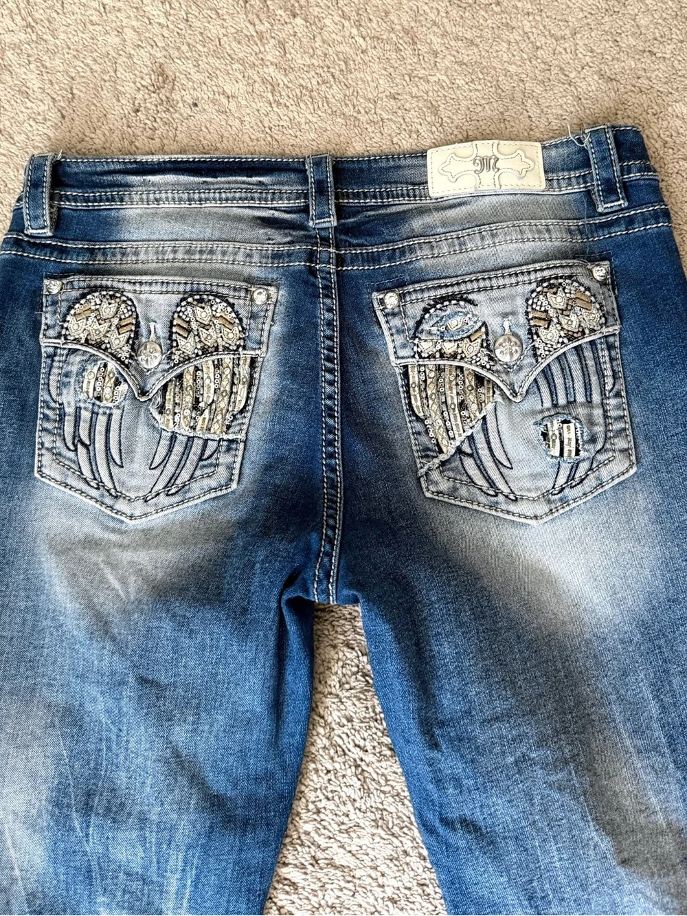 Womens Miss Me Jeans Size 34 Skinny Y2K Rhinestone Angel Wings Embellished Blue - Picture 5 of 10